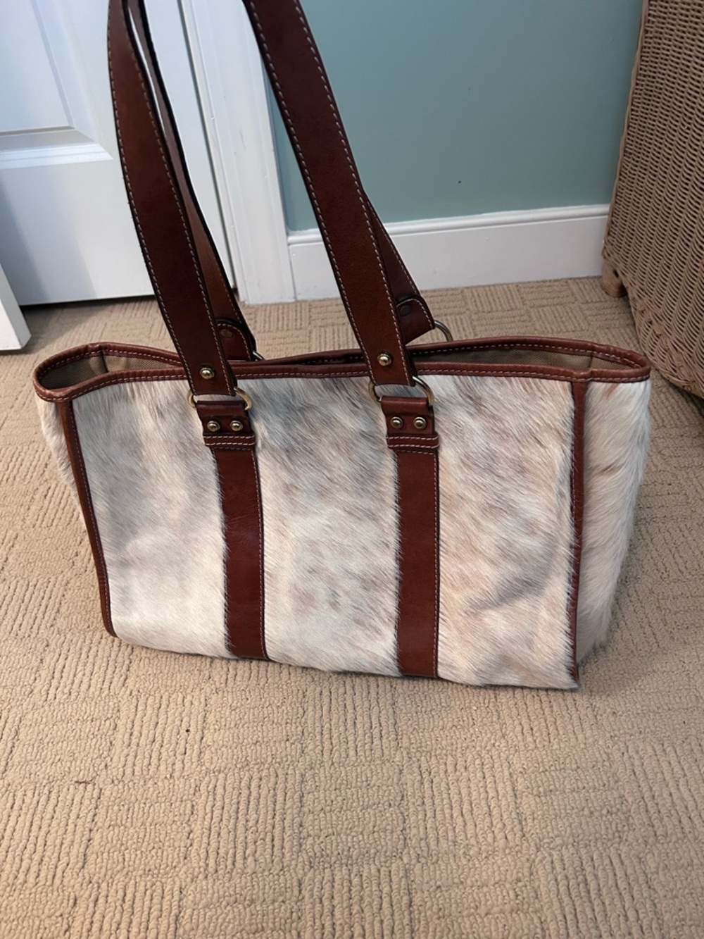 Leather-Trim White and Brown Haircalf Tote Bag